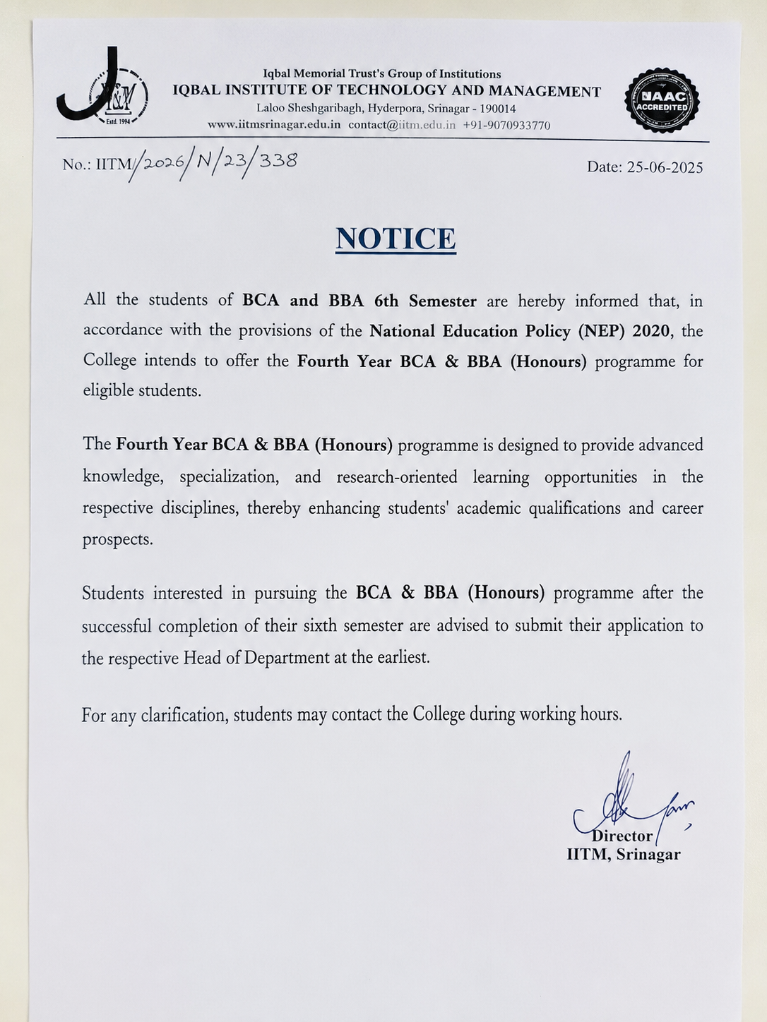 IITM Srinagar Invites Applications for Fourth Year BCA & BBA (Honours) Programme under NEP 2020